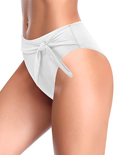 SHEKINI Traje de Baño para Mujer Abdominal Cintura Alta de Bikini Pantalones de natación Ruched Color Sólido Bañadores Retro Ropa de Playa Bikini Bragas (Blanco D, L)