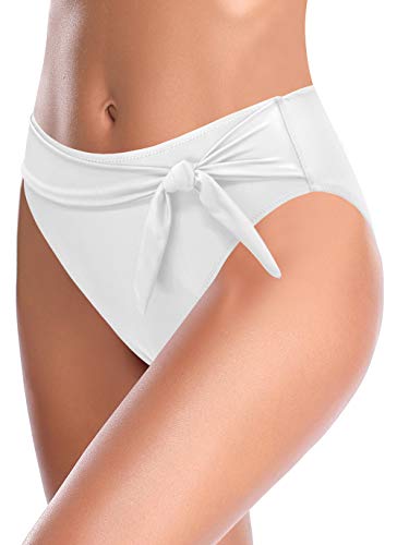 SHEKINI Traje de Baño para Mujer Abdominal Cintura Alta de Bikini Pantalones de natación Ruched Color Sólido Bañadores Retro Ropa de Playa Bikini Bragas (Blanco D, L)
