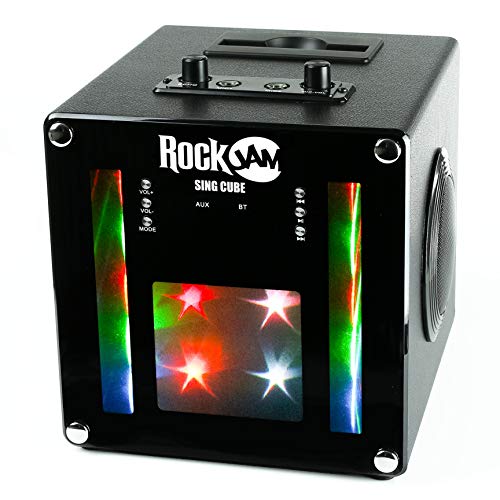Singcube RockJam - Máquina de Karaoke Bluetooth recargable de 5 vatios con dos micrófonos, efectos de cambio de voz y luces LED