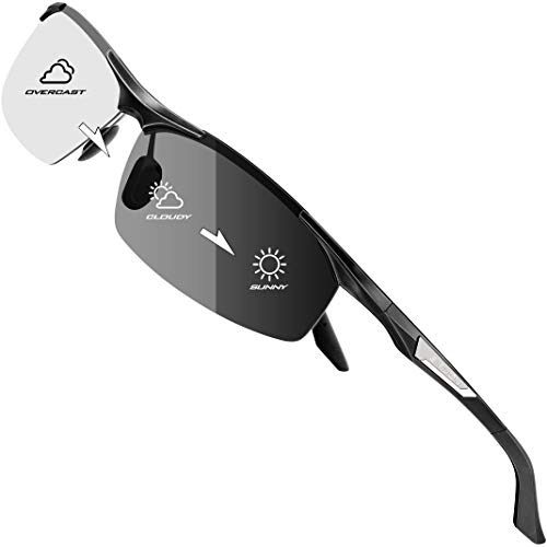 SIPLION Gafas de sol deportivas polarizadas para hombre, gafas de sol Al-Mg, montura de metal, ultraligeras, Lentes fotocromáticas 8729 negras, Medium