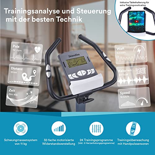skandika Wiry - Ergómetro/Bicicleta Estática - Bluetooth - 24 programas - Sistema de frenado magnético (Gris)