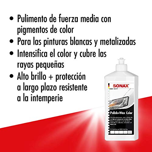 SONAX Polish+Wax Color NanoPro Blanco (500 ml) pulimento de fuerza media con pigmentos de color y componentes de cera | N.° 02960000-544