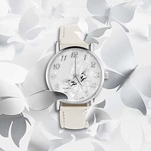 Sonew Reloj de Cuarzo de Las Mujeres Reloj de Pulsera analógico Femenino Redondo Correa de Cuero de la PU Reloj de diseño de Mariposa Simple de la Manera(White)