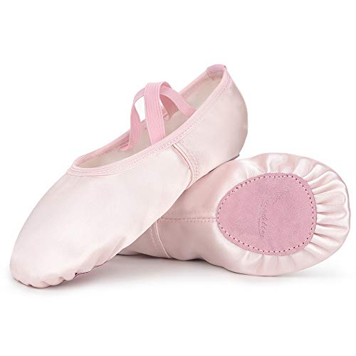 Soudittur Zapatillas de Ballet Satén -Media Punta Calzado de Danza para Niña y Mujer Adultos Suela Partida de Cuero Rosa Tallas 28 (Elija Un Tamaño Más Grande)