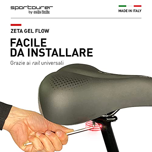 Sportourer by Selle Italia - Zeta Comfort Gel Superflow, Sillín de Bicicleta City, de Gel Suave, con Tecnología Reflectante para Baja Visibilidad, Resistente al Agua - Negro