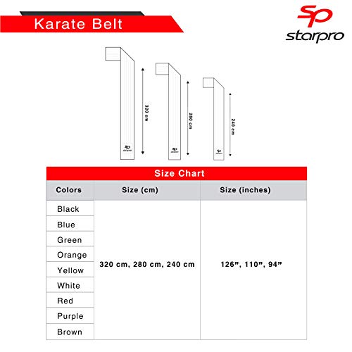 Starpro Cinturón de Ranking de Artes Marciales | Algodón de 7 Puntos | 9 Colores | Diseño Ligero para Entrenamiento y competición de Karate Judo Taekwondo | 240cm 280cm 320cm