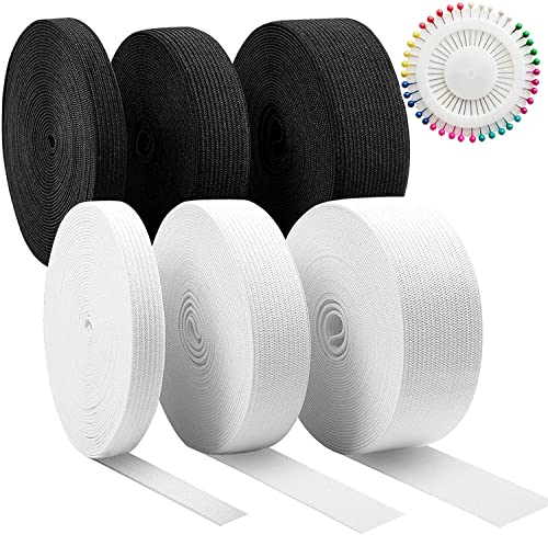 STOUCLA 30 metros de cinta elástica para coser, color blanco y negro, paquete de 6 bandas elásticas anchas de 10 mm, 20 mm, 30 mm, alta elasticidad, para manualidades en casa, no es fácil de deformar.