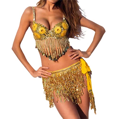 Sttiafay Falda de danza del vientre con flecos dorados para danza del vientre, bufanda de la cadera para el festival de rendimiento rave Wrap traje para mujeres