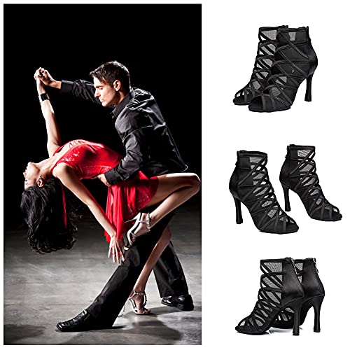 SWDZM Zapatos de Baile Latino Mujer Salsa Bachata Zapatos de Baile de Salón Suela de Ante Peep Toe con Cremallera Tango de Baile Botas,Tacco-7.5cm,Modello-L445, 35EU