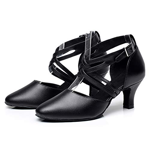 SWDZM Zapatos de Baile Latino para Mujer Punta Cerrada Salón Salsa Chacha Rumba Samba Carácter Zapatos de Baile,Model-QJW7161-6 Black,39EU