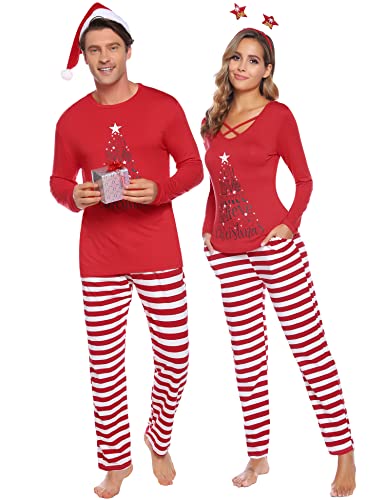 Sykooria Pijamas Parejas Navidad Niños Pijamas de Parejas Trajes Casuales de Servicio a Domicilio Conjunto de Pijamas Dos Piezas Suave y Cómodo Mujer-Rojo XXL