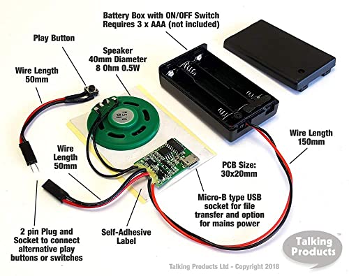 Talking Products - Módulo de chip de sonido MP3, 4 MB de memoria, con caja para batería AAA Ideal para maquetas y manualidades.