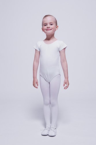 tanzmuster Maillot de Ballet 'Sally' de Manga Corta para niñas en Blanco, 92/98 (3-4 años)