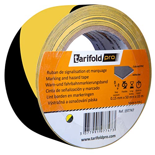 Tarifold 1 Cinta Adhesiva Suelo, Señalización, Seguridad, Color Amarillo y Negro-Rollo 0.15mm x 50mm x 33m