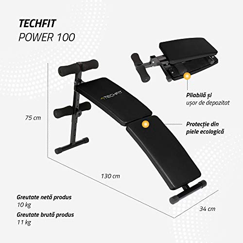 TechFit Power 100 Banco de Musculation Plegable Negro Multifuncional, Máquina de Abdominales Plegable con Altura Ajustable para Ejercicios de Levantamiento de Pesas y Tonificación
