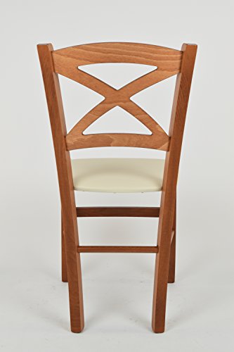Tommychairs - Set 6 sillas Cross para Cocina y Comedor, Estructura en Madera de Haya Color Cerezo y Asiento tapizado en Polipiel Color Marfil