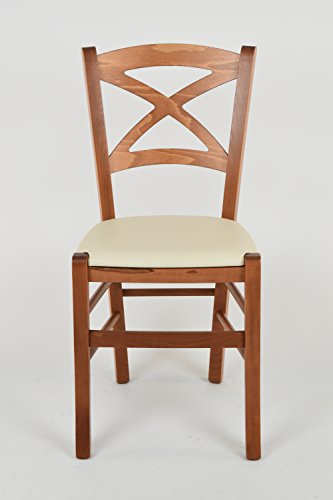 Tommychairs - Set 6 sillas Cross para Cocina y Comedor, Estructura en Madera de Haya Color Cerezo y Asiento tapizado en Polipiel Color Marfil