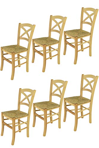 Tommychairs - Set 6 sillas Cross para Cocina y Comedor, Estructura en Madera de Haya Color Natural y Asiento en Paja