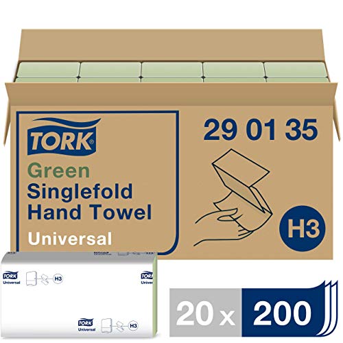 Tork 290135 Toallas de mano de papel Tork Universal con doblado en V/Toallitas secamanos absorventes, compatibles con el sistema de Tork H3, verde