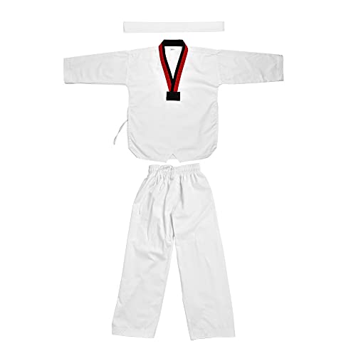Traje de Karate Traje de Taekwondo Uniforme de algodón Completo Uniforme de Taekwondo Ropa Deportiva Traje de Karate para Adultos y niños(120-Cuello Rojo y Negro)