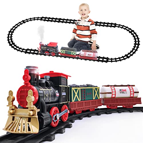 Tren Juguete para Niños Clasico Tren Electrico Locomotora de Vapor Luce Sonido DIY Ferroviarias Juegos Regalos para Niños (2 vagones)
