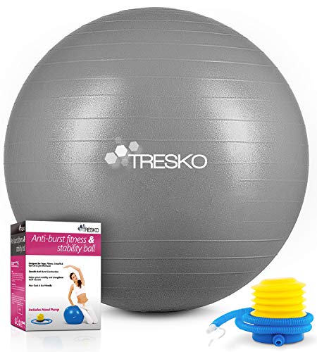 TRESKO® Pelota de Gimnasia Anti-Reventones | Bola de Yoga Pilates y Ejercicio | Balón para Sentarse | Balon de Ejercicio para Fitness | 300 kg | con Bomba de Aire | Gris | 65cm