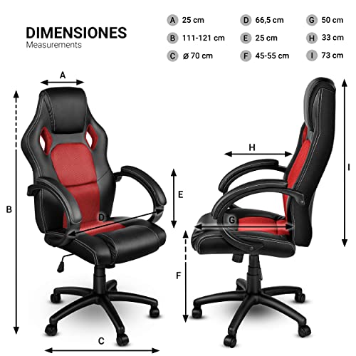 TRESKO Silla giratoria de oficina Sillón de escritorio Racing, silla Gaming ergonómica, cilindro neumático certificado por SGS (Negro/Rojo)