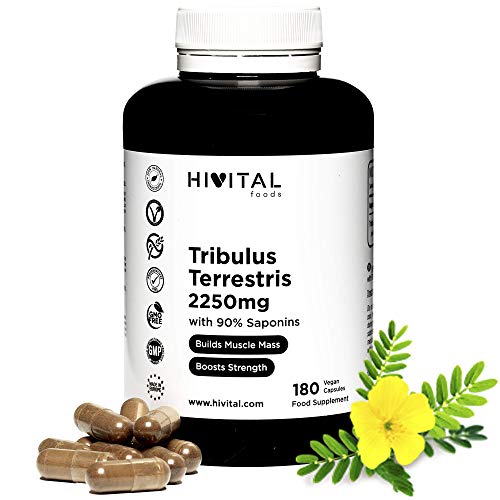 Tribulus Terrestris 2250 mg | 180 cápsulas veganas | 100% Natural con 90% Saponinas | Aumenta la testosterona, la masa muscular, la fuerza, resistencia y energía, y ayuda a la recuperación muscular