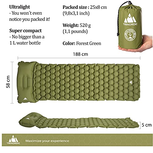 TRINORDIC Colchoneta de camping inflable ultraligera para dormir con almohada, plegable, ligera, hinchable, portátil, almohadilla de aire, para exteriores, senderismo, viajes