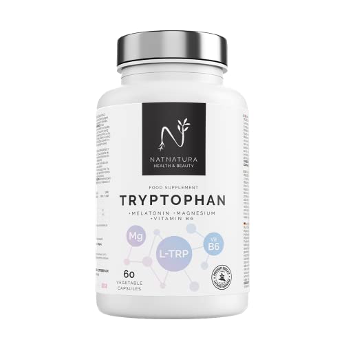 Triptófano con Magnesio + Melatonina + Vitamina B6. Triptófano para reducir el estrés y el insomnio. Triptófano con melatonina y magnesio para un sueño reparador. 60 cápsulas vegetales.