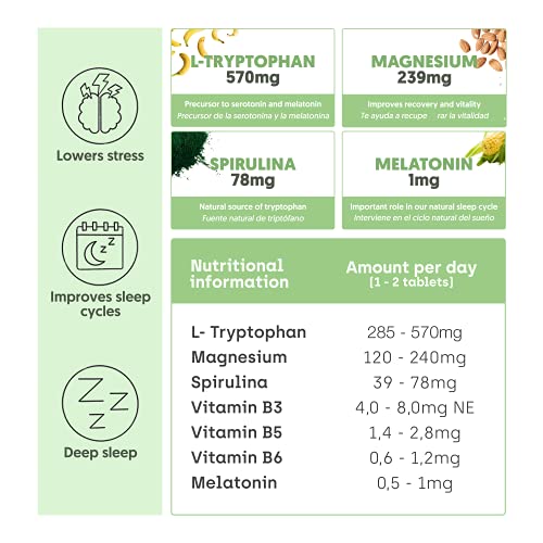 Triptófano Natural | Aminoacido Esencial con Melatonina, Espirulina, Vitamina B3, B5, B6 y Magnesio | Sueño, Energía, Concentración, Estres | Envase 70 Comprimidos