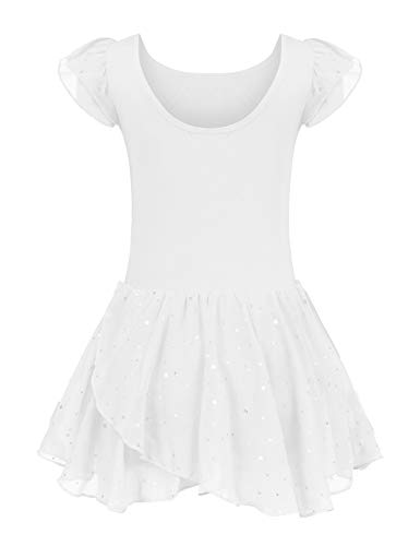 trudge Vestido de ballet para niña, manga corta, algodón, maillot de ballet, vestido de danza, con falda tutú, color blanco, 120