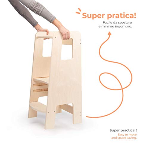 ully Natural by moblì® | Torre de Aprendizaje de madera natural hecha en Italia | Diseñada por educadores especializados en el método Montessori | Torre de aprendizaje con estantes regulables
