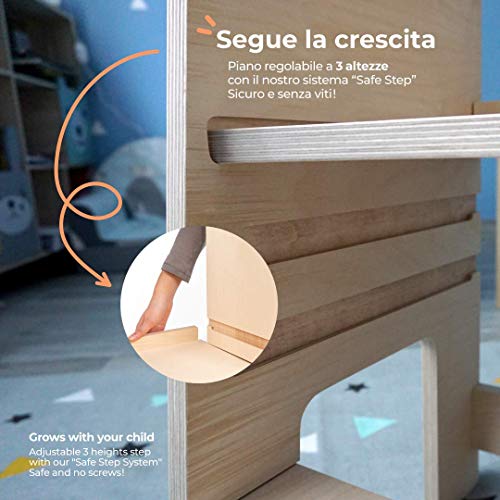 ully Natural by moblì® | Torre de Aprendizaje de madera natural hecha en Italia | Diseñada por educadores especializados en el método Montessori | Torre de aprendizaje con estantes regulables