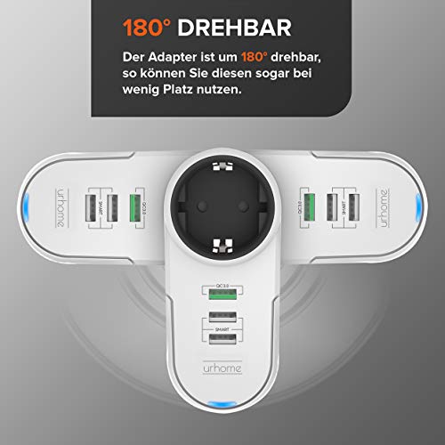 urhome® 4 in1 – Adaptador de enchufes de I 180 ° giratorio I 3 x USB (1 x 3.0 Fast Charger) Color Blanco, Blanco