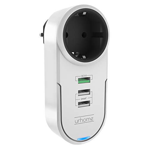 urhome® 4 in1 – Adaptador de enchufes de I 180 ° giratorio I 3 x USB (1 x 3.0 Fast Charger) Color Blanco, Blanco