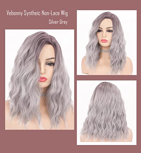 VEBONNY - Pelucas grises de media melena para mujer, pelucas con raíces oscuras y cabello corto rizado, pelucas de pelo corto sintético sin malla, la mejor peluca gris, modelo 102