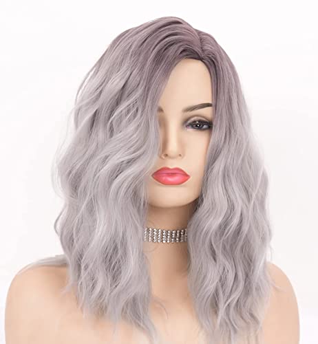 VEBONNY - Pelucas grises de media melena para mujer, pelucas con raíces oscuras y cabello corto rizado, pelucas de pelo corto sintético sin malla, la mejor peluca gris, modelo 102