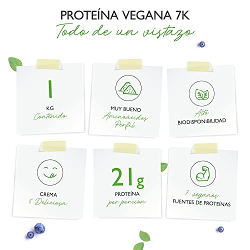 Vegan 7K Protein - 1kg - Cookies & Cream - Proteína vegetal pura en polvo con proteínas de arroz, almendra, soja, guisante, cáñamo, arándano y girasol