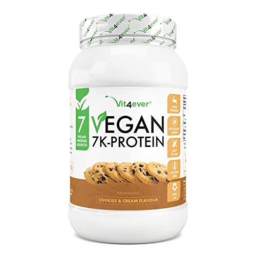 Vegan 7K Protein - 1kg - Cookies & Cream - Proteína vegetal pura en polvo con proteínas de arroz, almendra, soja, guisante, cáñamo, arándano y girasol