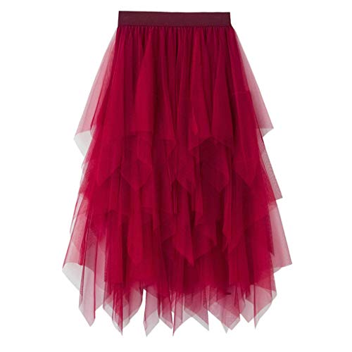 VEMOW Faldas Mujer cómoda de Tul de Cintura Alta Falda Plisada del tutú de Las señoras Falda de Midi(VA Vino,Talla única)