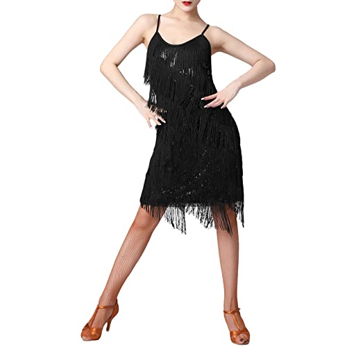 Vestido de Baile Latino para Mujer Vintage Lentejuela Vestido con Borla Disfraz de 1920s Gastby Vestido de Rumba Tango Salsa Samba con Flecos Ropa de Baile de Salón Dancewear Negro XXX-Large