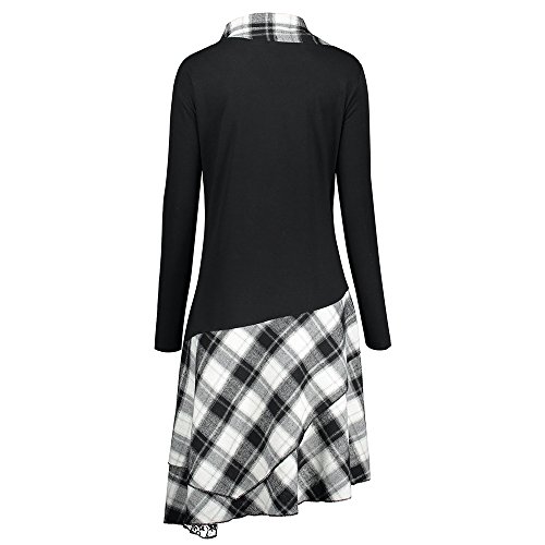 Vestido de Mujer Primavera Manga Larga Vestido de Cuadros y de Encaje en Color de Contraste (Blanco+Negro, 2XL)