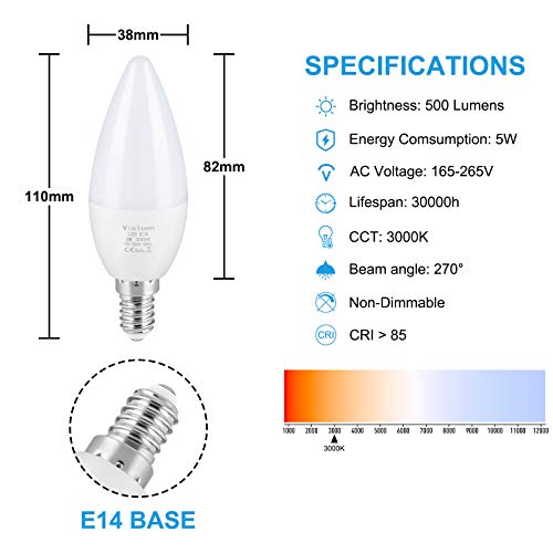 Vicloon Bombillas LED Vela E14, 5W Equivalente a 40W, 550 Lúmenes, Blancos Cálidos 3000K, No regulable, AC 220-240V, CRI>80+, Angulo de haz de 270° - Pack de 5 Unidades