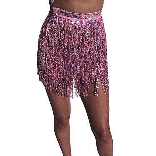 VJGOAL Moda para Mujer Vendaje Lentejuelas Danza del Vientre Traje Borla Falda Club Mini Falda(Un tamaño,Rosado)