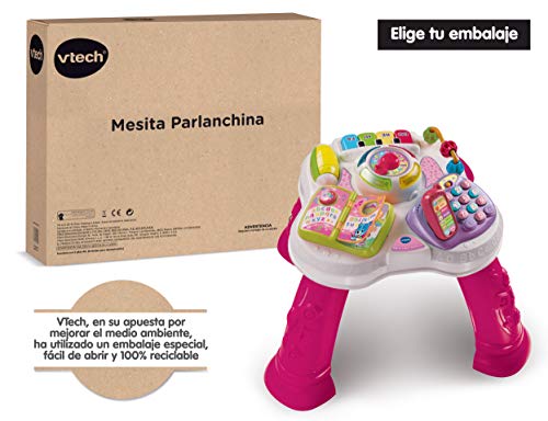 VTech - Mesita parlanchina 2 en 1, Juguete para bebes +9 meses, Mesa de actividades con panel extraíble, 6 zonas interactivas, color rosa, embalaje sostenible, SPB, versión ESP (3480-148087)
