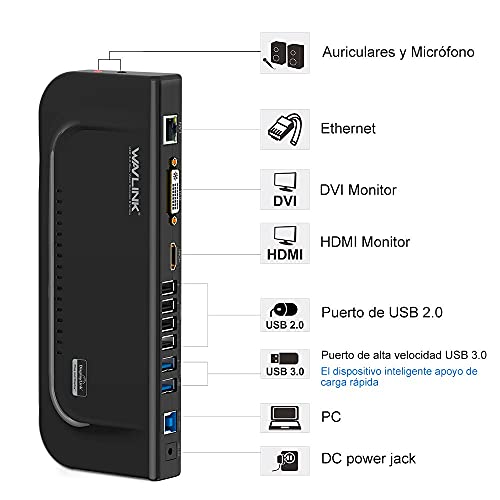 WAVLINK USB 3.0 Universal Docking Station Multifuncional Dual Video Display Outputs HDMI/DVI/VGA/hasta 2048x1152,Gigabit Ethernet, Audio Output/Input,6 Puertos de USB para Laptop,Ultrabook y PCs