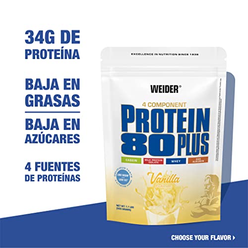 WEIDER Protein 80 Plus Multi-Component Protein Shake Powder, Vainilla Casein & Whey, Low Carb, 500g