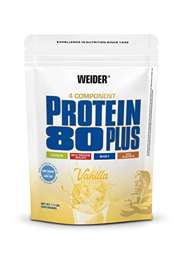 WEIDER Protein 80 Plus Multi-Component Protein Shake Powder, Vainilla Casein & Whey, Low Carb, 500g
