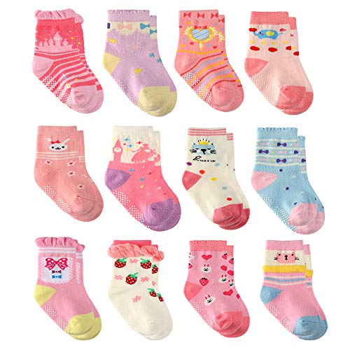Wobon Calcetines antideslizantes con puños, algodón, 12 pares para bebé-niñas Princesa 1-3 años, 12 Pares